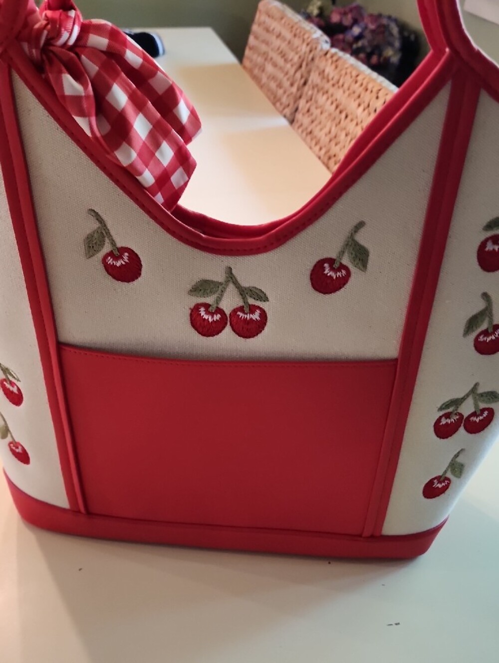 Steve Madden Red & Cream Cherry Canvas Tote with Gingham Bow - Picture 5 of 7